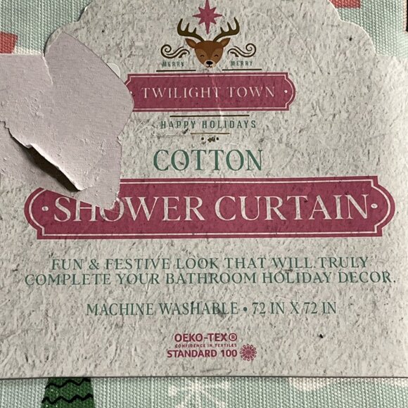 Twilight Town Christmas Fabric Shower Curtain Holiday Light Green Outdoor Snow - Picture 5 of 8